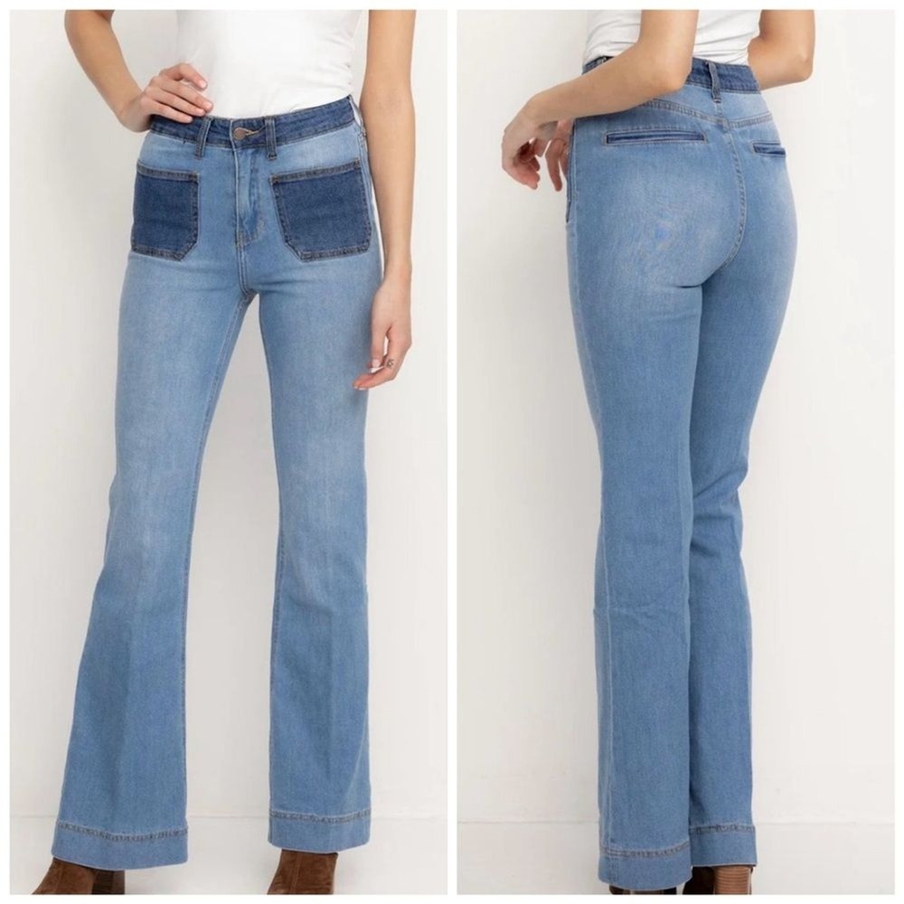 PTCL Two Tone Patchwork Flare Jeans Blue‎ High Rise 28 | 70s Western Boho Indie